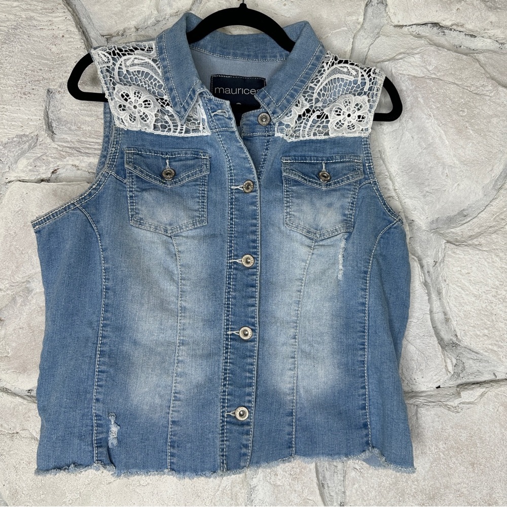 Maurices | Women’s Denim & Lace Button Up Sleeveless Vest, Size 0/14